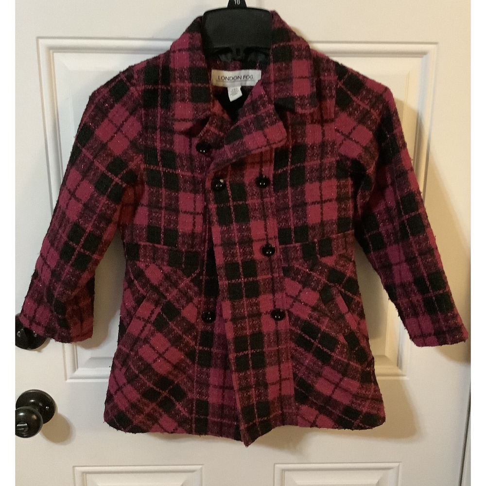 Girls LONDON FOG Pink Black Plaid Pea Coat Medium L/6X